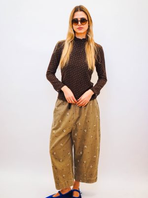 מכנסי קורדרוי פרחים רקומים בז'